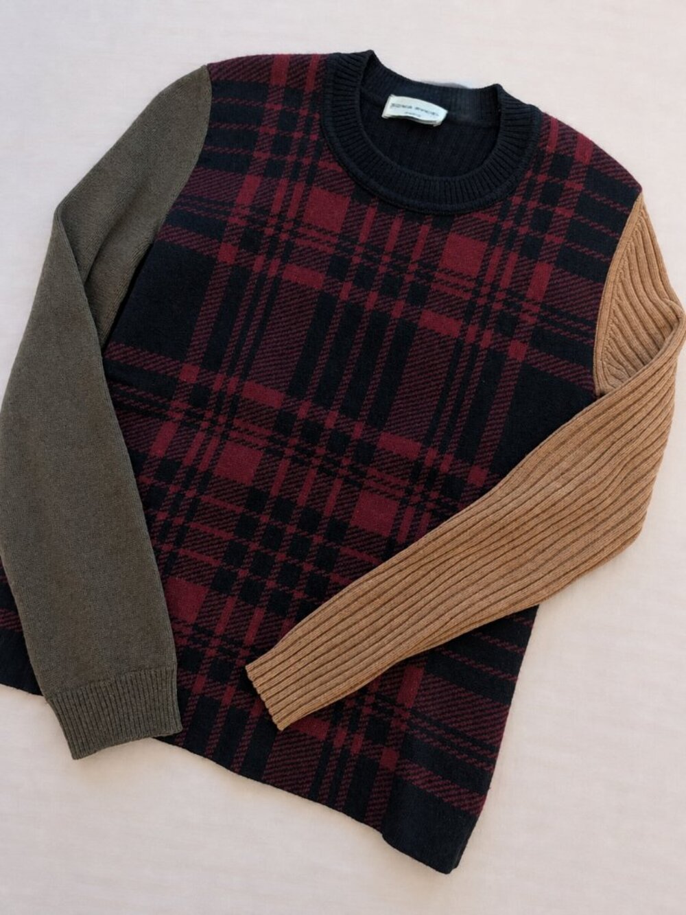 Sonia Rykiel Plaid Color-Block Wool Sweater Tan Olive Sleeves M